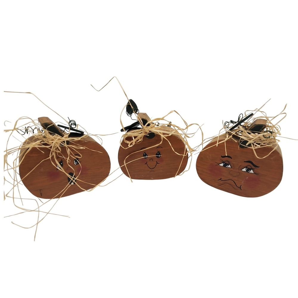 VTG Hand Painted Primitive Wooden Pumpkin Trio Rustic Fall Autumn Decor Set